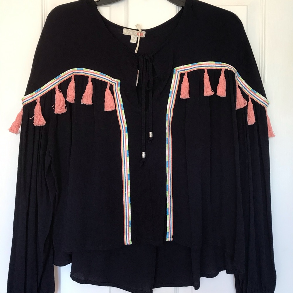 Gianni Bini Black Boho Hippie Tassels Blouse Top M